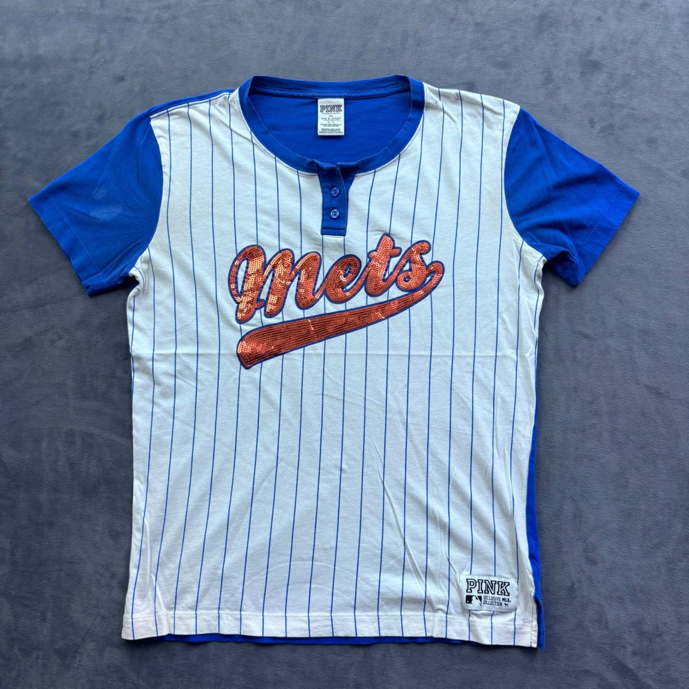 PINK Victorias Secret MLB New York Mets Sequin Pinstripe Henley Shirt Small